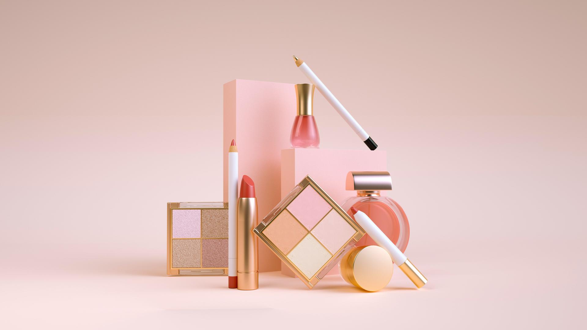 Luxurious Cosmetic Products on Soft Pastel Pink Background - Beauty, Fashion and Elegant Makeup Concept - 3D Render