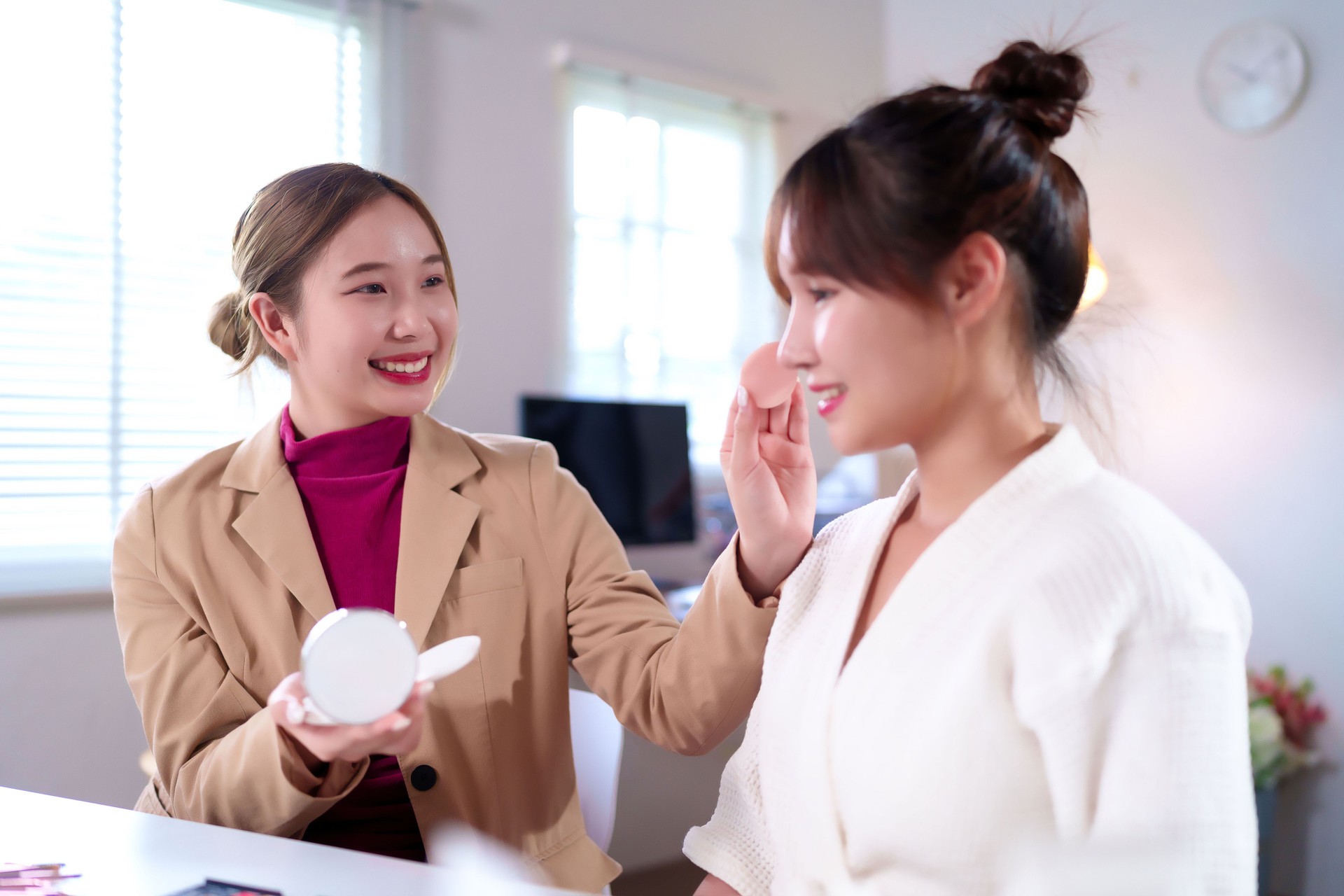 Asian Women Doing Makeup, Cosmetic Application, Beauty Treatment at Home, Cosmetology Service, Skin Care Routine, Professional Beauty Consultation, Makeover Session